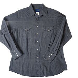 Vintage Wrangler Mens L Pearl Snap Check Plaid Blue Long Sleeve Cowboy